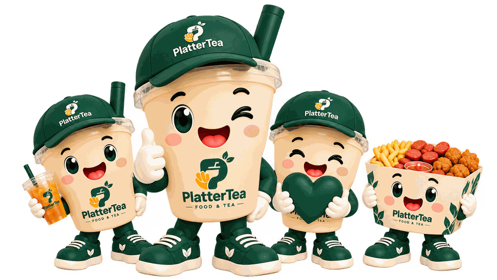 Keluarga maskot PlatterTea — karakter gelas teh dan platter box