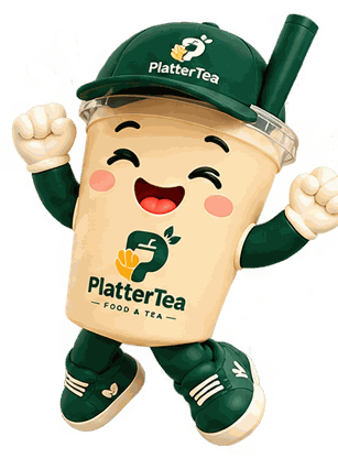 Maskot PlatterTea melompat semangat — simbol misi